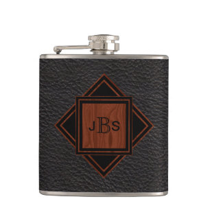 Masculine Monogrammed   Leather Wood Grain Look Hip Flask