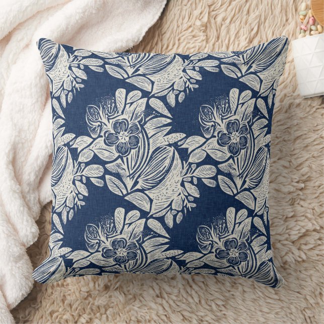 Masculine Navy Blue Effect Indigo Floral all Over  Throw Pillow (Blanket)