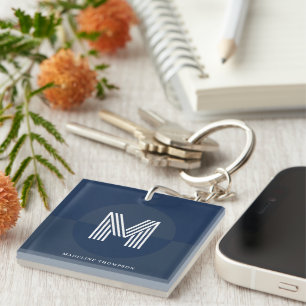 Masculine Navy Blue Geometric Modern Monogram Keychain