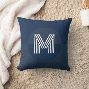 Masculine Navy Blue Geometric Modern Monogram Throw Pillow