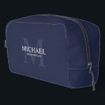 Masculine Personalized Monogram and Name Groomsmen Dopp Kit<br><div class="desc">Add a personal touch to your wedding with personalized groomsmen gift.
This design features personalized groomsman's name with title in white and monogram in light navy blue as background,  in classic serif font style on navy blue background.

Also perfect for best man,  father of the bride and more.</div>