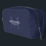 Masculine Personalized Monogram and Name Groomsmen Dopp Kit<br><div class="desc">Add a personal touch to your wedding with personalized groomsmen gift.
This design features personalized groomsman's name with title in white and monogram in light navy blue as background,  in classic serif font style on navy blue background.

Also perfect for best man,  father of the bride and more.</div>