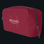 Masculine Personalized Monogram and Name Groomsmen Dopp Kit<br><div class="desc">Add a personal touch to your wedding with personalized groomsmen gift.
This design features personalized groomsman's name with title in white and monogram in light burgundy red as background,  in classic serif font style on burgundy red background.

Also perfect for best man,  father of the bride and more.</div>