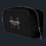 Masculine Personalized Monogram and Name Groomsmen Dopp Kit<br><div class="desc">Add a personal touch to your wedding with personalized groomsmen gift.
This design features personalized groomsman's name with title in white and monogram in light grey as background,  in classic serif font style on black background.

Also perfect for best man,  father of the bride and more.</div>