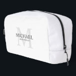 Masculine Personalized Monogram and Name Groomsmen Dopp Kit<br><div class="desc">Add a personal touch to your wedding with personalized groomsmen gift.
This design features personalized groomsman's name with title in grey and monogram in light grey as background,  in classic serif font style on white background.

Also perfect for best man,  father of the bride and more.</div>