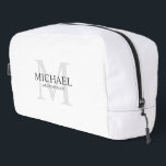 Masculine Personalized Monogram and Name Groomsmen Dopp Kit<br><div class="desc">Add a personal touch to your wedding with personalized groomsmen gift.
This design features personalized groomsman's name with title in grey and monogram in light grey as background,  in classic serif font style on white background.

Also perfect for best man,  father of the bride and more.</div>