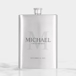 Masculine Personalized Monogram and Name Groomsmen Hip Flask<br><div class="desc">Add a personal touch to your wedding with personalized groomsmen flask.
This flask features personalized groomsman's name with title in grey and monogram in light grey as background,  in classic serif font style.

Also perfect for best man,  father of the bride and more.</div>