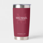 Masculine Personalized Monogram and Name Groomsmen Insulated Tumbler<br><div class="desc">Add a personal touch to your wedding with personalized groomsmen gift. This design features personalized groomsman's name with title in white and monogram in light burgundy red as background, in classic serif font style on burgundy red background. Also perfect for best man, father of the bride, ring bearer and more....</div>