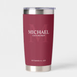 Masculine Personalized Monogram and Name Groomsmen Insulated Tumbler<br><div class="desc">Add a personal touch to your wedding with personalized groomsmen gift. This design features personalized groomsman's name with title in white and monogram in light burgundy red as background, in classic serif font style on burgundy red background. Also perfect for best man, father of the bride, ring bearer and more....</div>