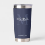 Masculine Personalized Monogram and Name Groomsmen Insulated Tumbler<br><div class="desc">Add a personal touch to your wedding with personalized groomsmen gift. This design features personalized groomsman's name with title in white and monogram in light navy blue as background, in classic serif font style on navy blue background. Also perfect for best man, father of the bride, ring bearer and more....</div>