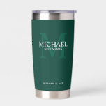 Masculine Personalized Monogram and Name Groomsmen Insulated Tumbler<br><div class="desc">Add a personal touch to your wedding with personalized groomsmen gift. This design features personalized groomsman's name with title in white and monogram in light emerald green as background, in classic serif font style on emerald green background. Also perfect for best man, father of the bride, ring bearer and more....</div>