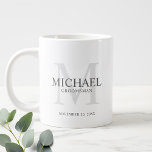 Masculine Personalized Monogram and Name Groomsmen Large Coffee Mug<br><div class="desc">Add a personal touch to your wedding with personalized groomsmen mug.
This mug features personalized groomsman's name with title in grey and monogram in light grey as background,  in classic serif font style.

Also perfect for best man,  father of the bride,  ring bearer and more.</div>