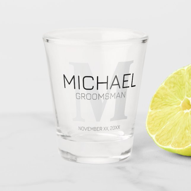 Masculine Personalized Monogram and Name Groomsmen Shot Glass (Front)