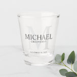 Masculine Personalized Monogram and Name Groomsmen Shot Glass<br><div class="desc">Add a personal touch to your wedding with personalized groomsmen shot glass.
This shot glass features personalized groomsman's name with title in grey and monogram in light grey as background,  in classic serif font style.

Also perfect for best man,  father of the bride,  ring bearer and more.</div>