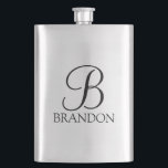 Masculine Personalized Script Monogram and Name Hip Flask<br><div class="desc">Personalized Monogram and Name Gift
features personalized monogram in black classic script font style and name in black classic serif font style on white background.

Perfect as holiday gift,  father's day gift,  family reunion favours,  thank you gift for groomsmen and gift for any special occasions.</div>