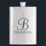 Masculine Personalized Script Monogram and Name Hip Flask<br><div class="desc">Personalized Monogram and Name Gift
features personalized monogram in black classic script font style and name in black classic serif font style on white background.

Perfect as holiday gift,  father's day gift,  family reunion favours,  thank you gift for groomsmen and gift for any special occasions.</div>