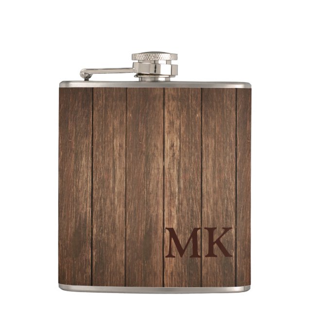 Masculine Rustic Wood Design Initial Monogram Hip Flask (Front)