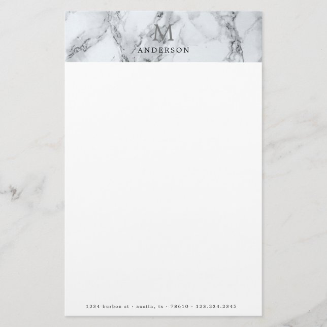 masculine silver marble monogram stationery (Front)