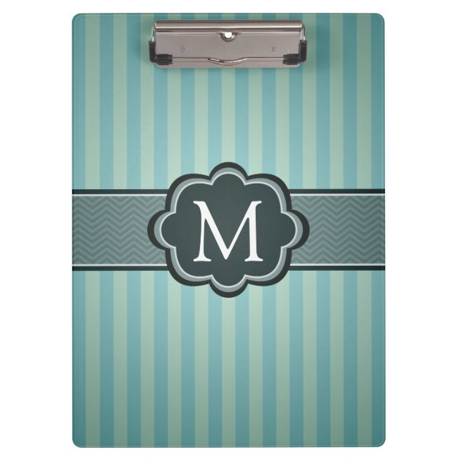 Masculine Teal Blue Stripes Custom Monogram Clipboard (Front)