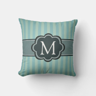 Masculine Teal Blue Stripes Custom Monogram Throw Pillow