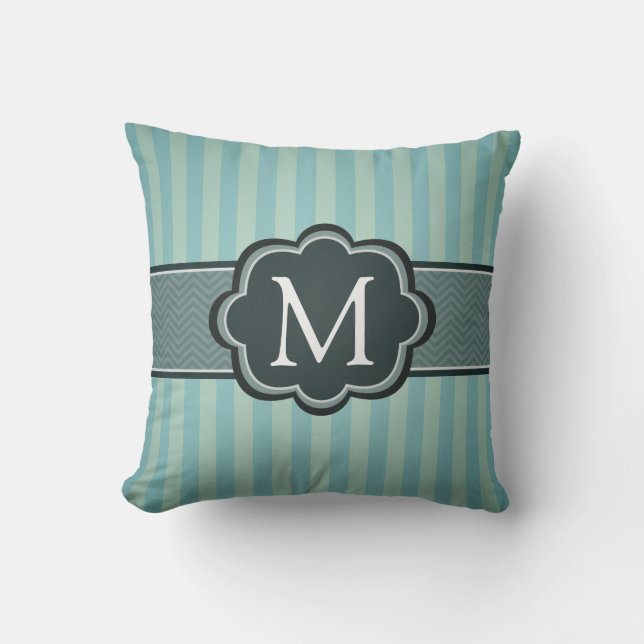 Masculine Teal Blue Stripes Custom Monogram Throw Pillow (Front)