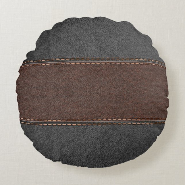 Masculine Vintage Black And Brown leather Round Pillow (Front)