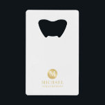 Masculine White and Gold Personalized Groomsmen Credit Card Bottle Opener<br><div class="desc">Add a personal touch to your wedding with personalized groomsmen bottle opener. This bottle opener features white monogram in gold circle element with name and title in gold professional font style on white background. Also perfect for best man, father of the bride and more. Please Note : The foil details...</div>
