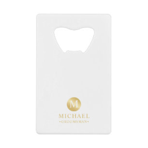 Masculine White and Gold Personalized Groomsmen Credit Card Bottle Opener