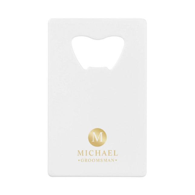 Masculine White and Gold Personalized Groomsmen Credit Card Bottle Opener (Front)
