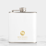 Masculine White and Gold Personalized Groomsmen Hip Flask<br><div class="desc">Add a personal touch to your wedding with personalized groomsmen flask. This flask features white monogram in gold circle element with name and title in gold professional font style on white background. Also perfect for best man, father of the bride and more. Please Note : The foil details are simulated...</div>