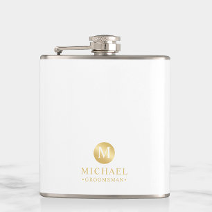 Masculine White and Gold Personalized Groomsmen Hip Flask