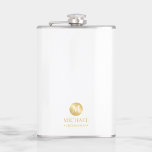 Masculine White and Gold Personalized Groomsmen Hip Flask<br><div class="desc">Add a personal touch to your wedding with personalized groomsmen flask. This flask features white monogram in gold circle element with name and title in gold professional font style on white background. Also perfect for best man, father of the bride and more. Please Note : The foil details are simulated...</div>