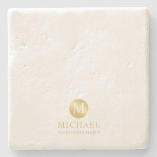 Masculine White and Gold Personalized Groomsmen Stone Coaster
