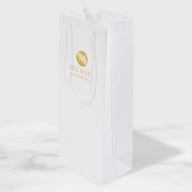 Masculine White and Gold Personalized Groomsmen Wine Gift Bag (Creator Uploaded)