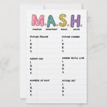 MASH Game 90s Birthday Party Activity Sheet