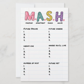 MASH Game 90s Birthday Party Activity Sheet