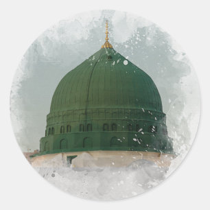 Masjid An-Nabawi watercolor illustration Islamic P Classic Round Sticker