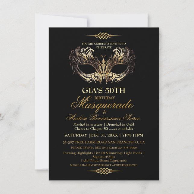 Mask Black Gold 50th Masquerade Birthday  Invitation (Front)