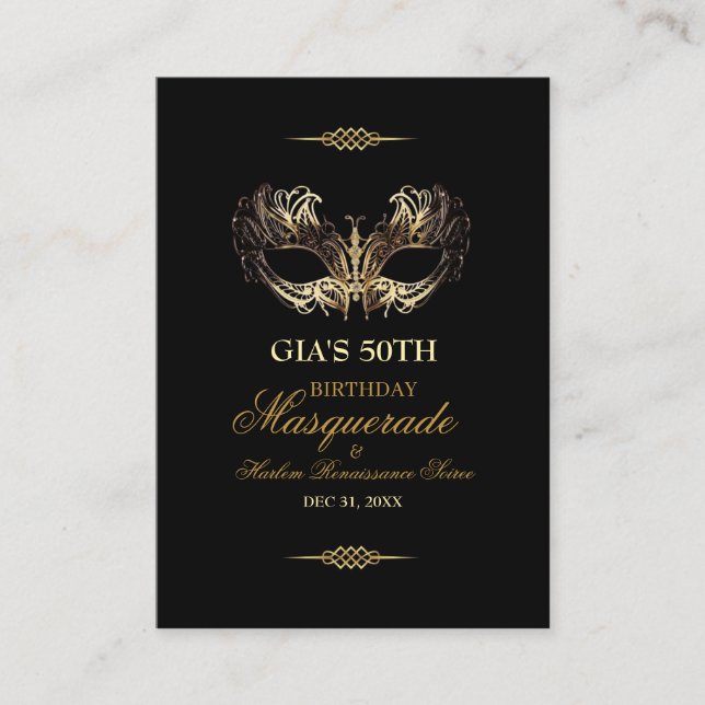 Mask Black Gold 50th Masquerade Birthday  Place Card (Front)
