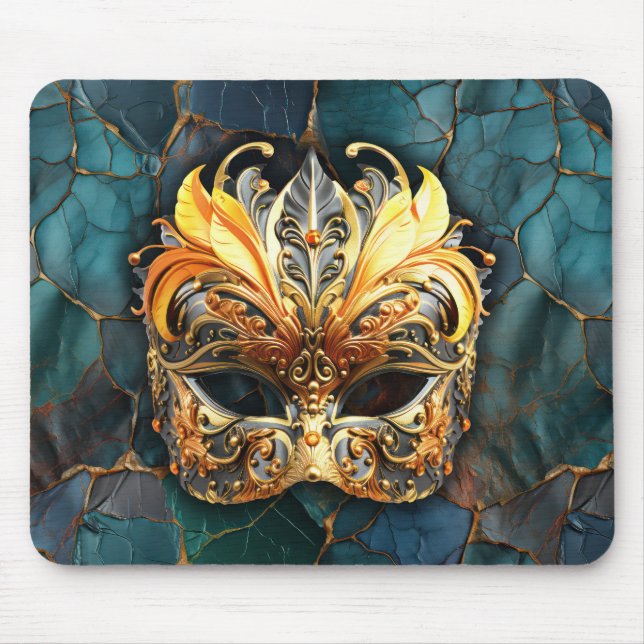 Mask, Feathers and Teal Textured Background Mouse Pad (Front)