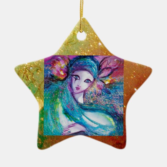 MASK IN BLUE, Yellow Star Monogram Ceramic Ornament (Front)