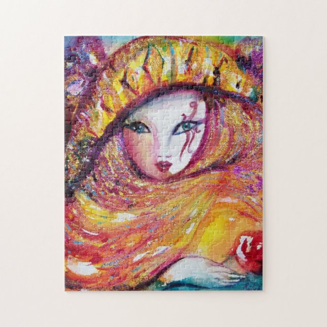 MASK IN YELLOW / Venetian Masquearde Ball, Purple Jigsaw Puzzle (Vertical)