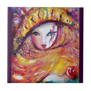 MASK IN YELLOW / Venetian Masquerade Ball,Purple Tile