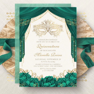 Mask Masquerade Emerald Green Quinceanera Invitation