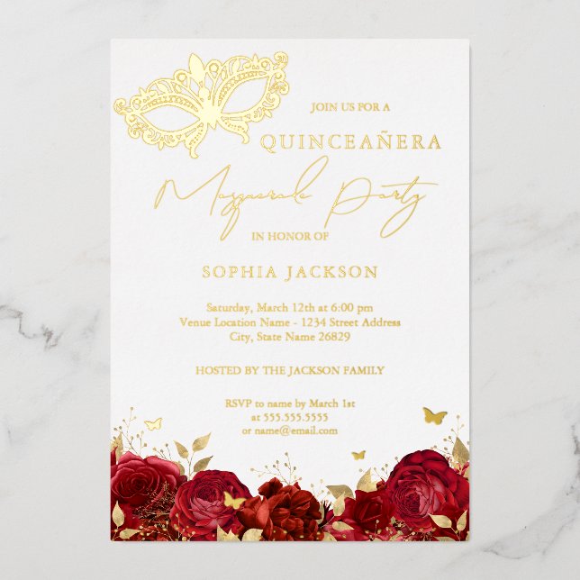 Mask Masquerade Party Red Gold Rose Quinceanera (Front)