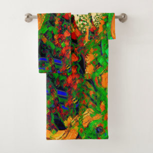 Mask party or carnival of paints, orange and green bath towel set