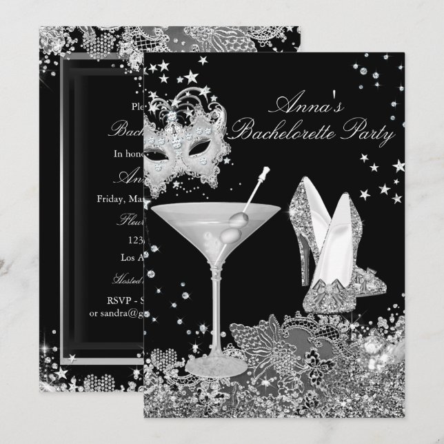 Mask & Silver Jewel Lace Bachelorette Party Invite (Front/Back)