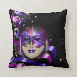 Mask venetian purple ribbons bubbles throw pillow