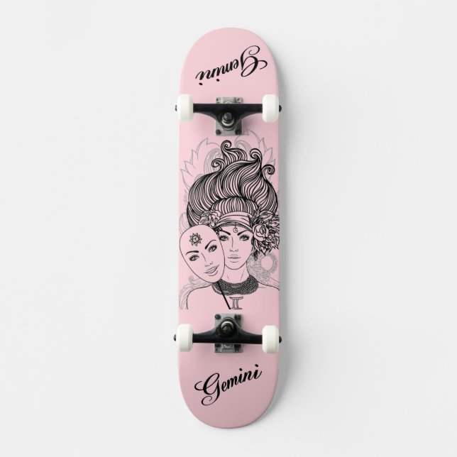 Masked Lady Gemini Zodiac Symbol and Sign Pink Skateboard (Front)