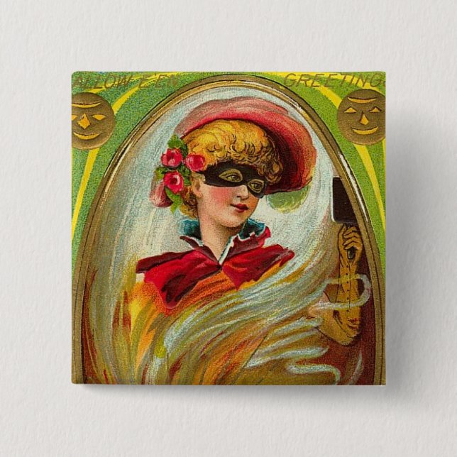 Masked Lady Halloween Greetings 2 Inch Square Button (Front)